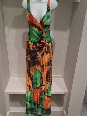 Tropical Green & Orange V-Neck Maxi Dress